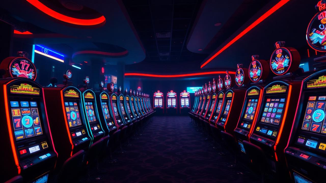 Wide view of a casino floor with neon lighting