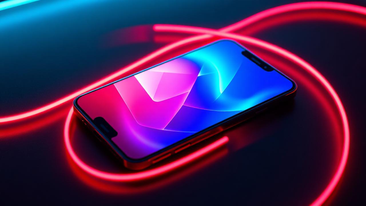 A smartphone glowing with red and teal neon, ready to play